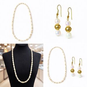 🤍 Cream Pearl & Gold Beaded Necklace + Matching Drop Earrings Set
